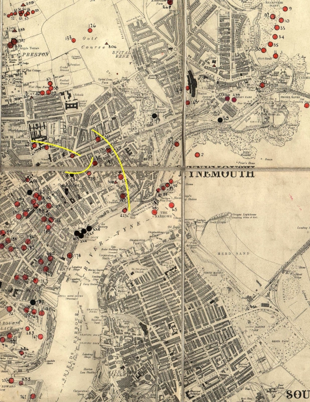 Map of the German bombs dropped in Tynemouth and North Shields during WW2